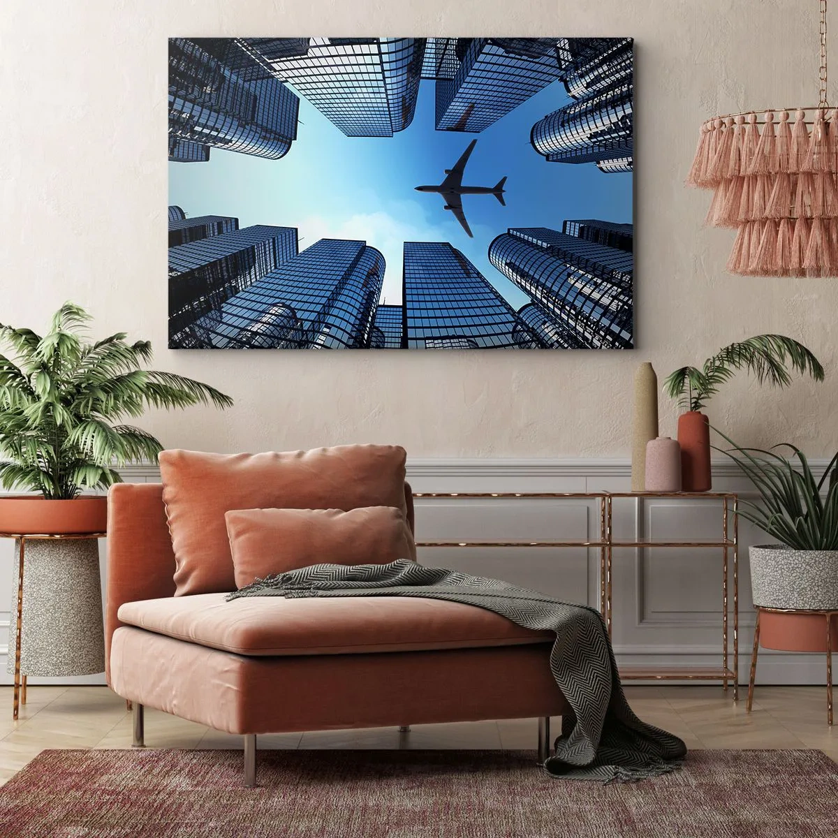 Schilderen op canvas - Een vliegtuig vliegt over moderne wolkenkrabbers in het stadscentrum. - 70x50cm - Het uitzicht vanuit het glazen ravijn - Moderne wanddecoratie voor woonkamer en slaapkamer ARTTOR