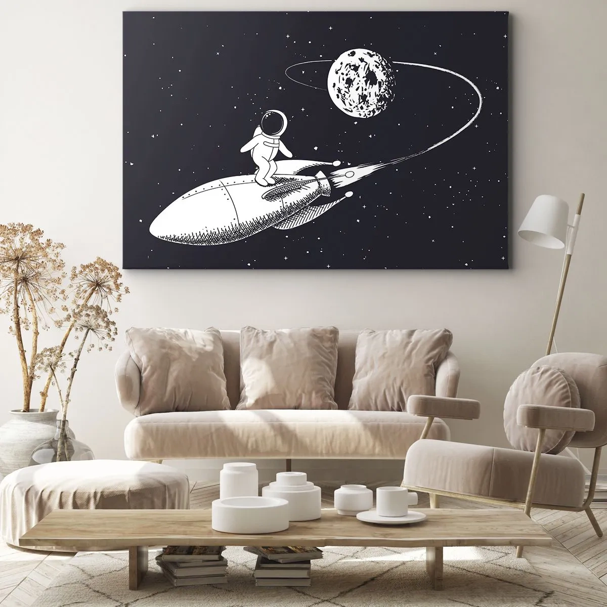 Schilderen op canvas - Astronaut op een raket in de ruimte - 70x50cm - Spacesurfer - Moderne wanddecoratie voor woonkamer en slaapkamer ARTTOR