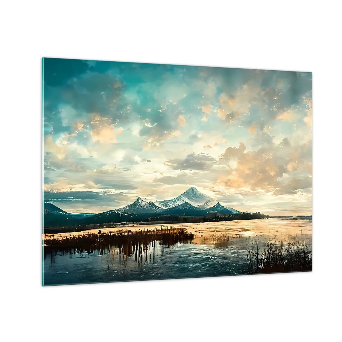 Schilderen op glas - Winterlandschap met bergen en een bevroren meer - 70x50cm - Onder bescherming van de hemel - Moderne wanddecoratie voor woonkamer en slaapkamer ARTTOR