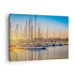 Schilderen op canvas - Zonsondergang boven een jachthaven vol zeilboten - 70x50cm - De wind moet ook slapen - Moderne wanddecoratie voor woonkamer en slaapkamer ARTTOR
