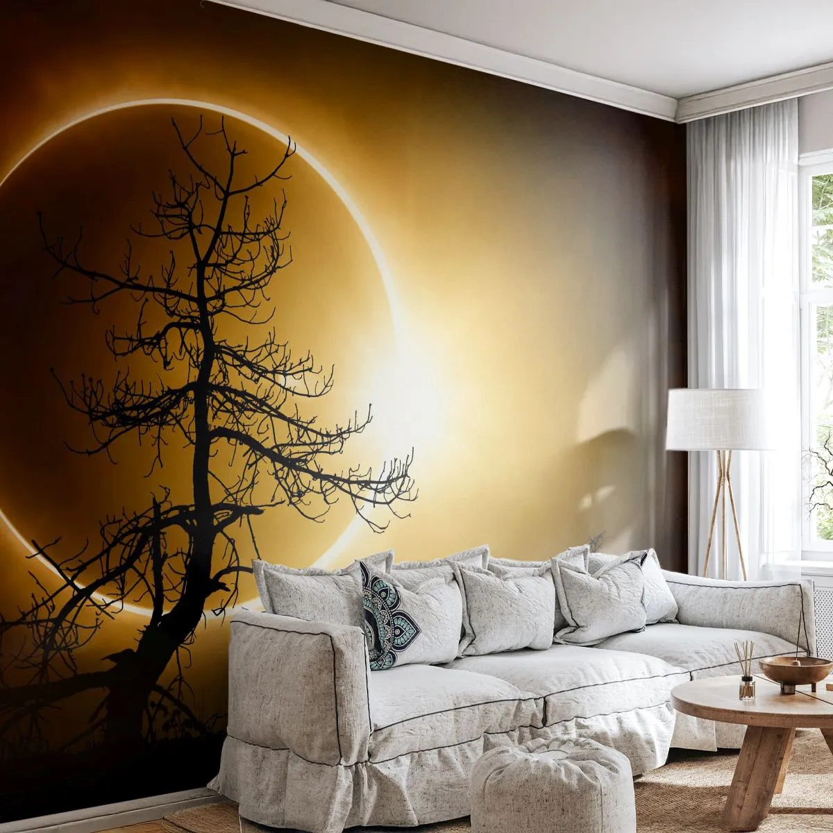 Fotobehang Premium Sand - Totale zonsverduistering - Verduistering, Boom, Landschap - 250x175 cm