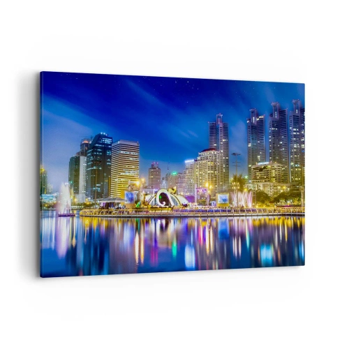 Schilderen op canvas - Regenboognacht in de metropool - 100x70 cm