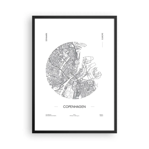 Poster in een zwarte lijst - Een minimalistische kaart van Kopenhagen in zwart-wit. - 50x70cm - Anatomie van Kopenhagen - Moderne wanddecoratie voor woonkamer en slaapkamer ARTTOR