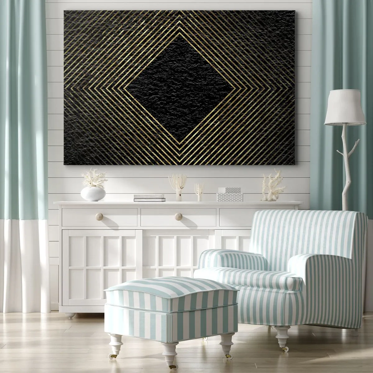 Schilderen op canvas - Zwarte achtergrond met een geometrisch patroon van gouden lijnen - 70x50cm - Geometrie in glamoureuze stijl - Moderne wanddecoratie voor woonkamer en slaapkamer ARTTOR