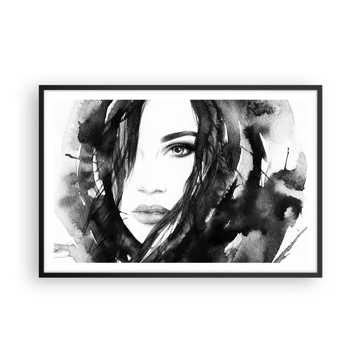 Poster in een zwarte lijst - Portret van een dame in zwart en wit - 91x61 cm
