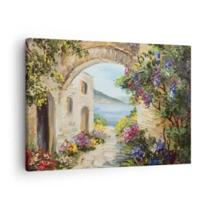 Schilderen op canvas - Zeegezicht met stenen gebouwen en bloemen - 70x50cm - De charme van een kustprovincie - Moderne wanddecoratie voor woonkamer en slaapkamer ARTTOR