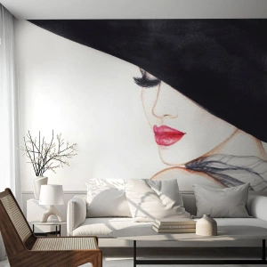 Zelfklevend Fotobehang Deluxe Sticker - Elegantie en sensualiteit - Vrouw, rode lippen, Zwarte hoed - 400x280 cm