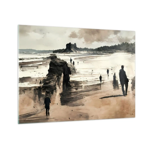 Schilderen op glas - Silhouetten die over een breed strand lopen onder een bewolkte lucht - 70x50cm - Opgeroepen - Moderne wanddecoratie voor woonkamer en slaapkamer ARTTOR