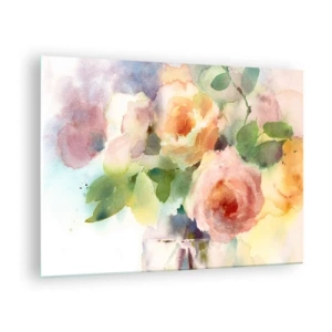 Schilderen op glas - Een aquarel van rozen in delicate pastelkleuren. - 70x50cm - Delicaat als aquarel - Moderne wanddecoratie voor woonkamer en slaapkamer ARTTOR