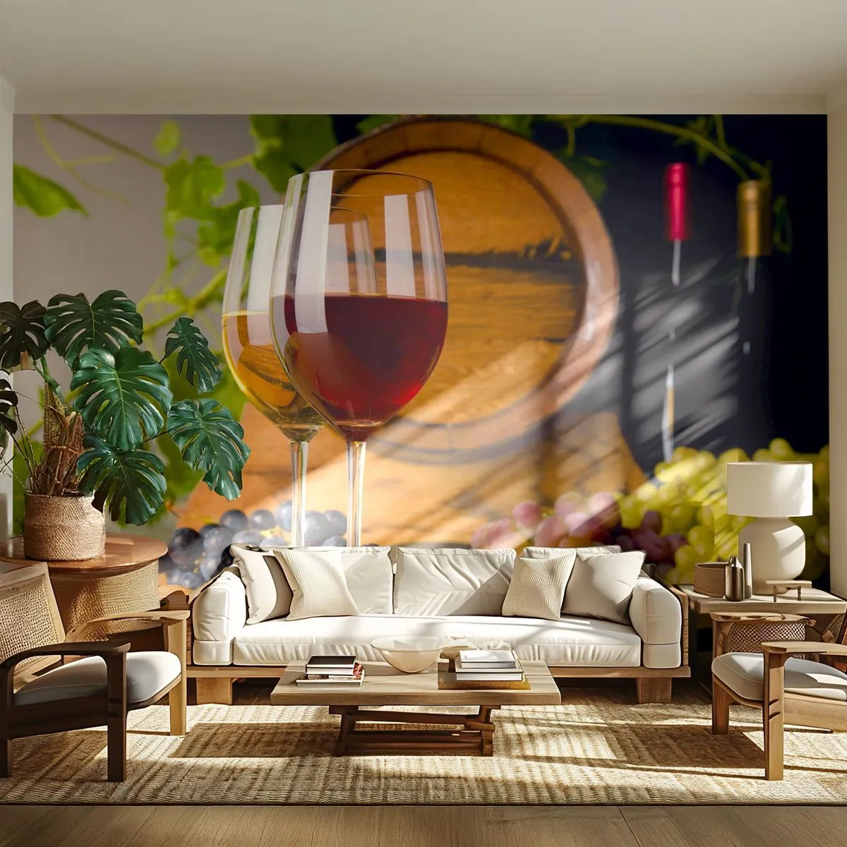 Zelfklevend Fotobehang Deluxe Sticker - Net als de oude meesters - Wijnvat, Druif, Een glas wijn - 250x175 cm