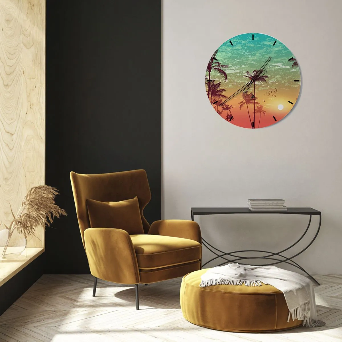 Wandklok - Klok - Palmbomen tegen de lucht in tinten van zonsondergang - 30x30cm - Tropische sferen - Moderne wanddecoratie voor woonkamer, keuken en slaapkamer ARTTOR