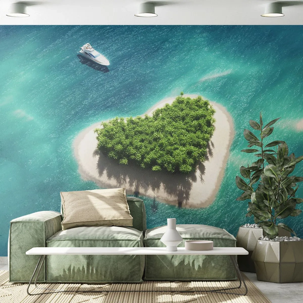 Fotobehang Premium Canvas - Ik hou van de zomer - Landschap, Eiland In De Oceaan, Jacht - 450x315 cm