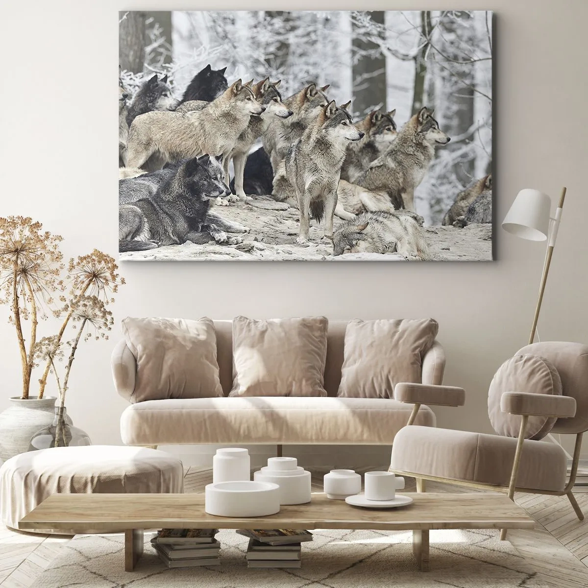 Schilderen op canvas - Een roedel wolven in het winterbos - 70x50cm - Familie en vrienden - Moderne wanddecoratie voor woonkamer en slaapkamer ARTTOR