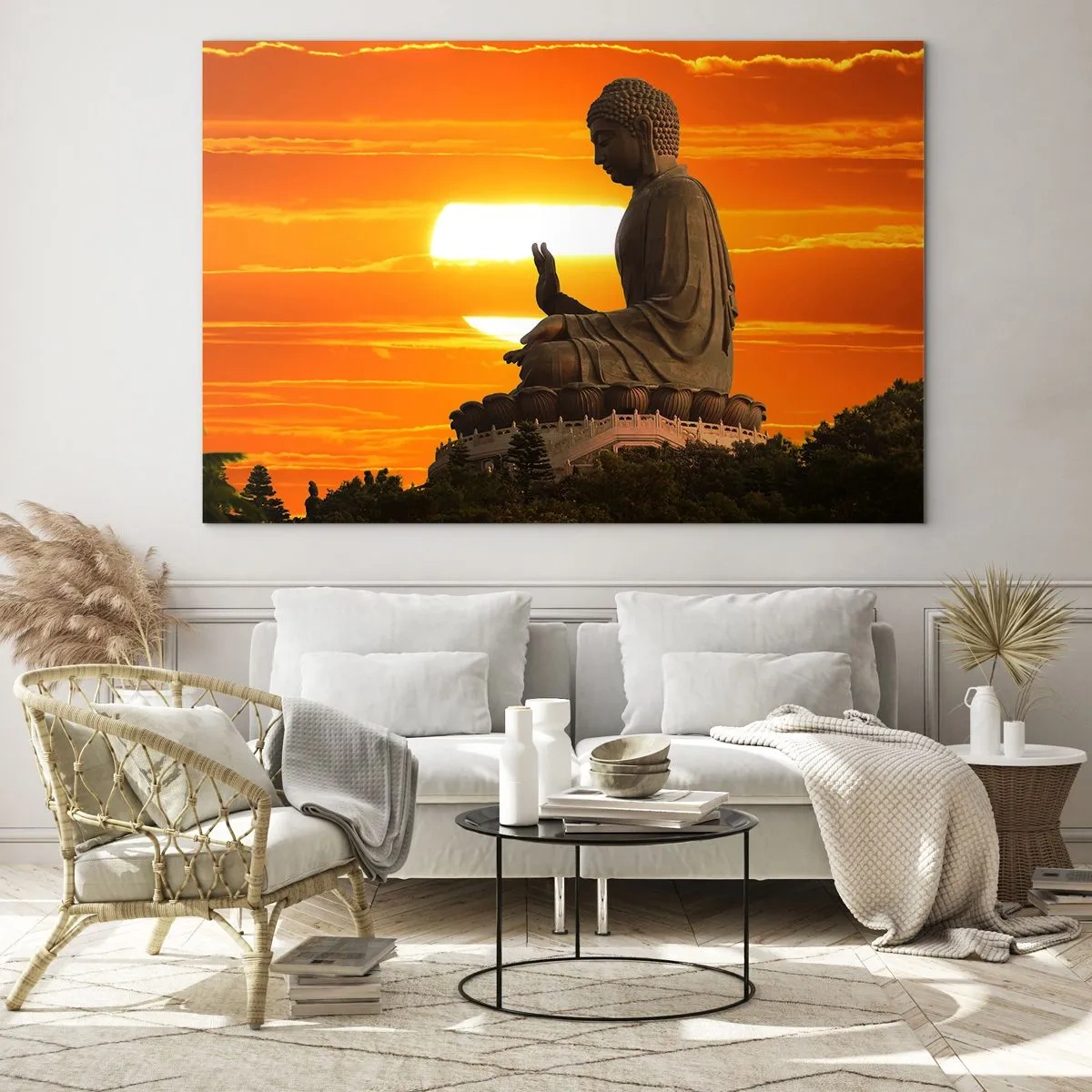 Schilderen op glas - Boeddhabeeld tegen de achtergrond van de ondergaande zon - 70x50cm - Geen angst voor de wereld - Moderne wanddecoratie voor woonkamer en slaapkamer ARTTOR
