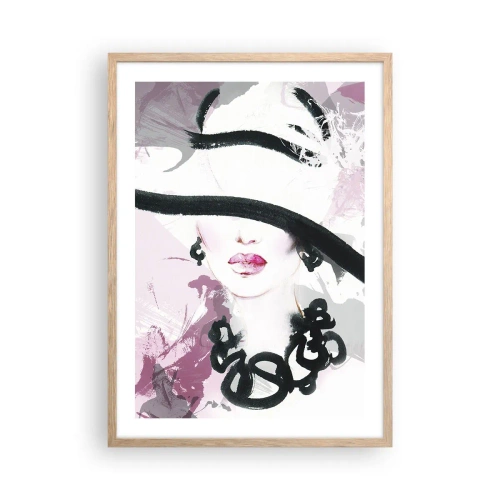 Een poster in een licht eiken lijst - Portret van een dame in zwart en roze - 50x70 cm