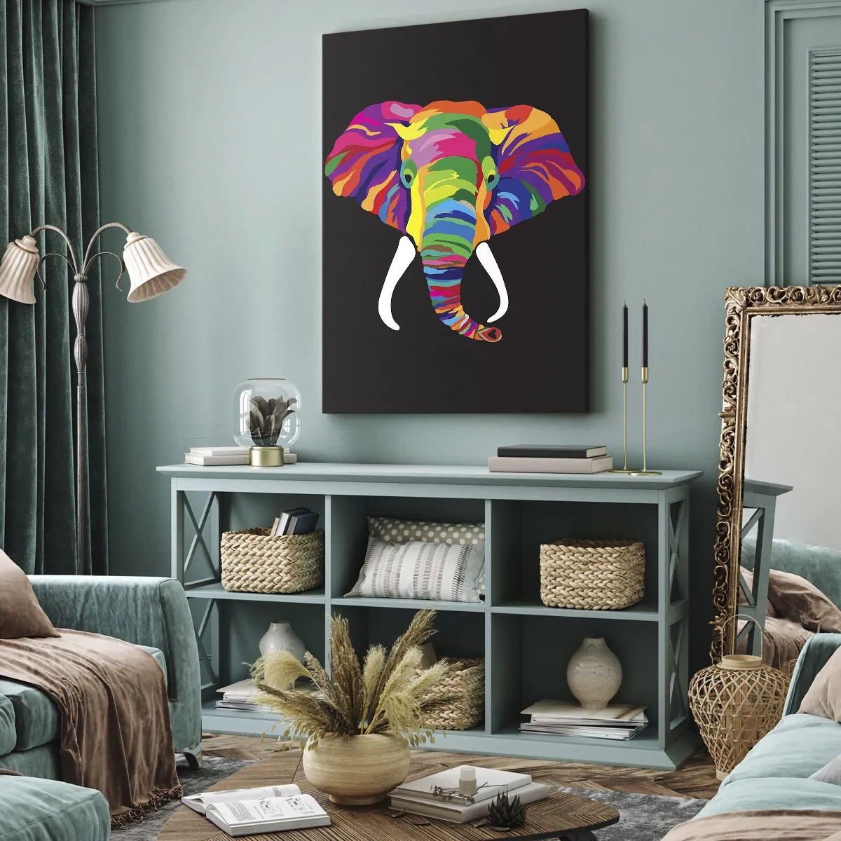 Schilderen op canvas - De olifant die ervan hield om in de regenboog te baden - 80x120 cm