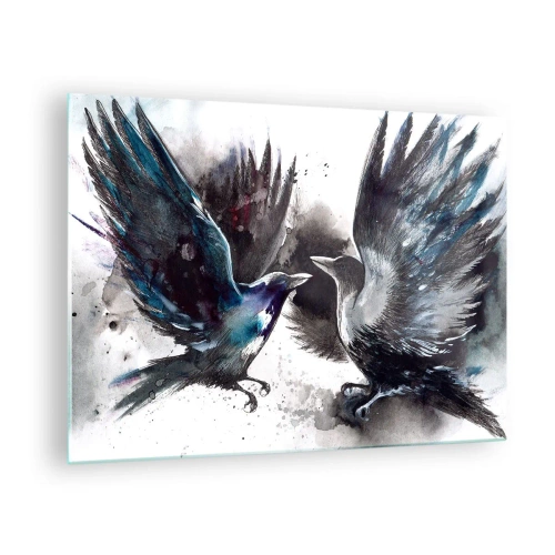 Schilderen op glas - Twee raven in een dynamische pose met gespreide vleugels - 70x50cm - De ene kraai pikt de andere de ogen niet uit - Moderne wanddecoratie voor woonkamer en slaapkamer ARTTOR