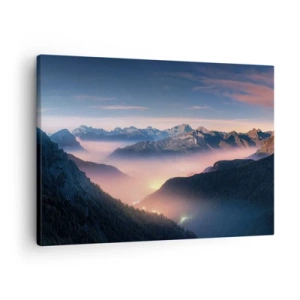 Schilderen op canvas - Een berglandschap met een vallei gevuld met mist - 70x50cm - Licht in de dalen - Moderne wanddecoratie voor woonkamer en slaapkamer ARTTOR