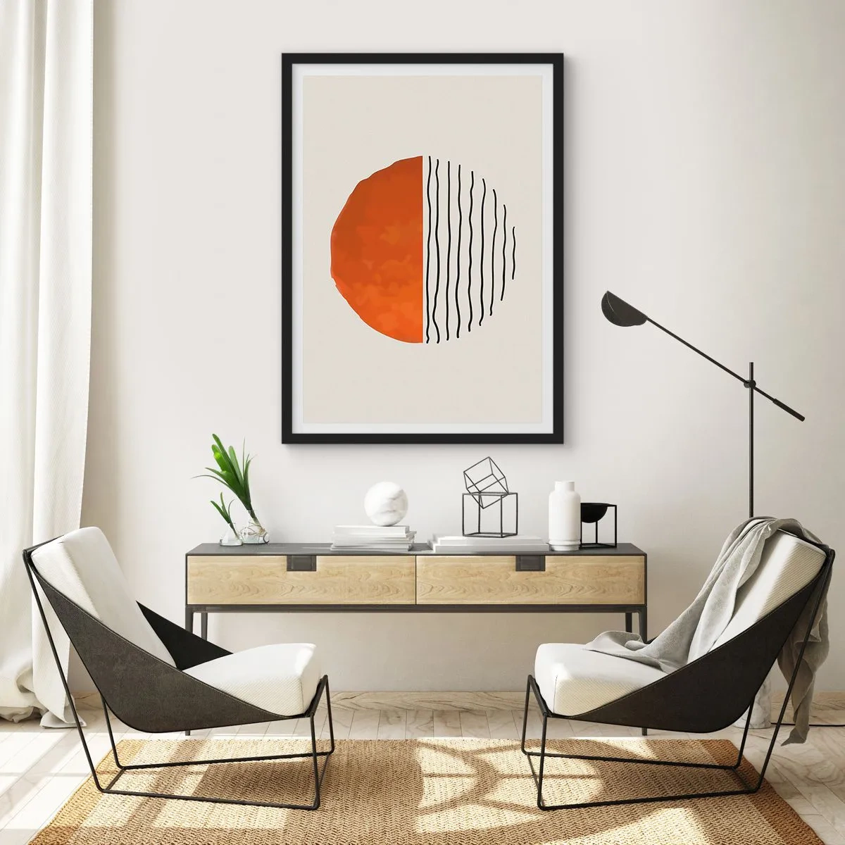 Poster in een zwarte lijst - Abstracte cirkel met oranje en lineaire helft - 50x70cm - In het Japanse klimaat - Moderne wanddecoratie voor woonkamer en slaapkamer ARTTOR