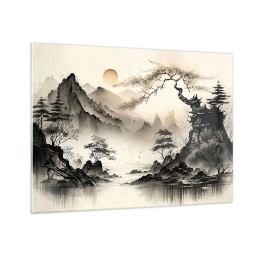 Schilderen op glas - Oosters berglandschap met een pagode en bomen - 70x50cm - De unieke charme van het Oosten - Moderne wanddecoratie voor woonkamer en slaapkamer ARTTOR