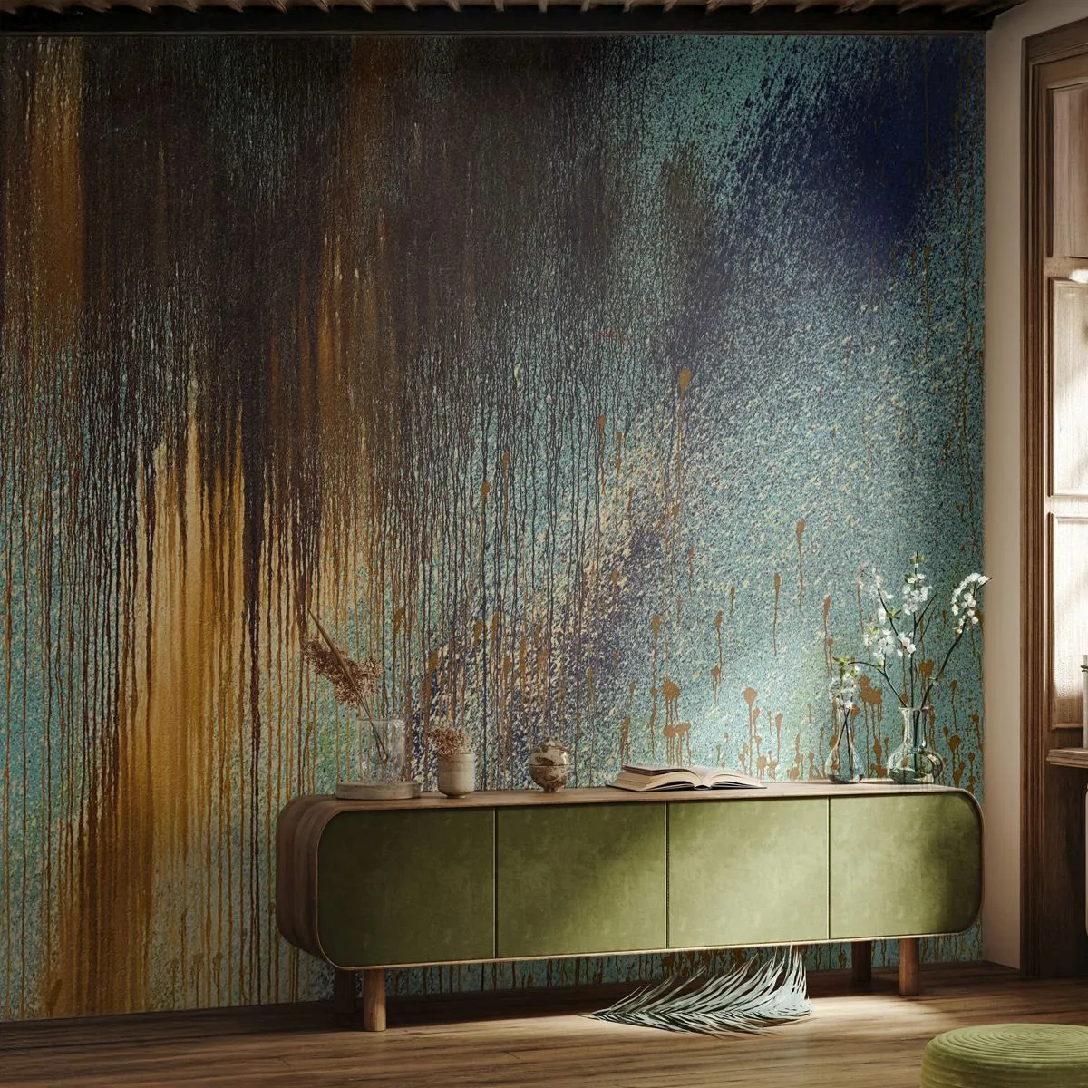 Fotobehang Premium Canvas - Een niet toevallig kleurrijke compositie - Abstractie, Industrieel, Verf - 250x175 cm