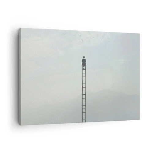 Schilderen op canvas - Een man op een ladder die de lucht in stijgt - 70x50cm - Stap verder op! - Moderne wanddecoratie voor woonkamer en slaapkamer ARTTOR