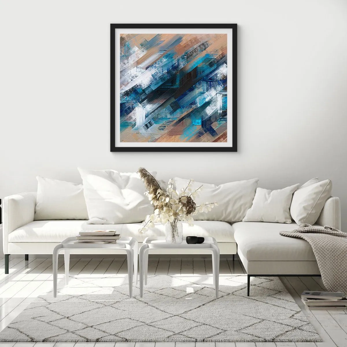 Poster in een zwarte lijst - Op een blauwe diagonaal - 60x60 cm