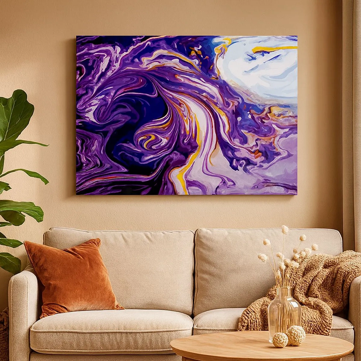 Schilderen op canvas - Een dynamisch abstract patroon in tinten paars en geel. - 70x50cm - De vouw is paars geworden - Moderne wanddecoratie voor woonkamer en slaapkamer ARTTOR