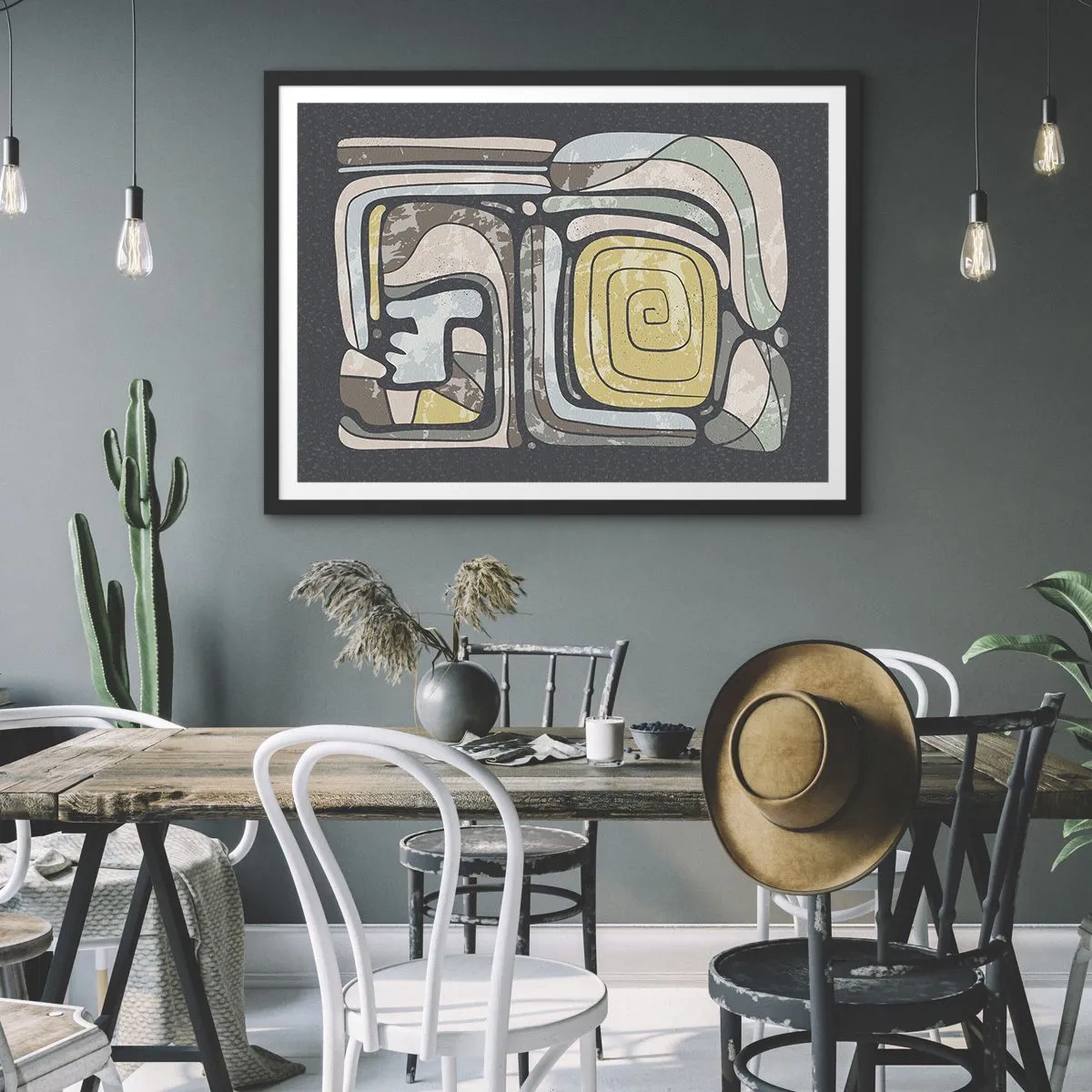 Poster in een zwarte lijst - Abstractie in de precolumbiaanse geest - 70x50 cm
