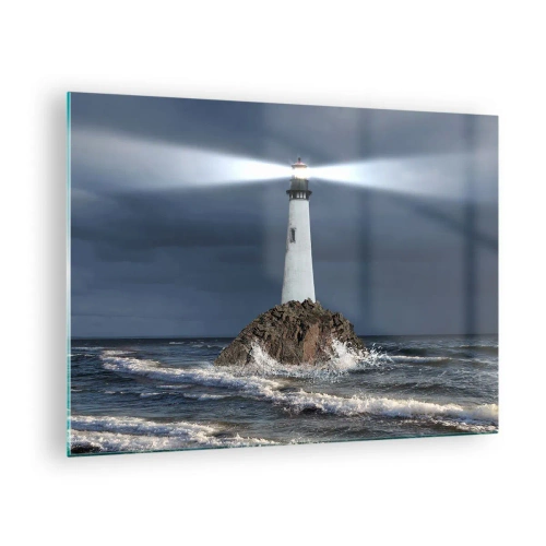 Schilderen op glas - Een vuurtoren op een rots te midden van de ruwe golven 's nachts - 70x50cm - Hier... hier... hier! - Moderne wanddecoratie voor woonkamer en slaapkamer ARTTOR