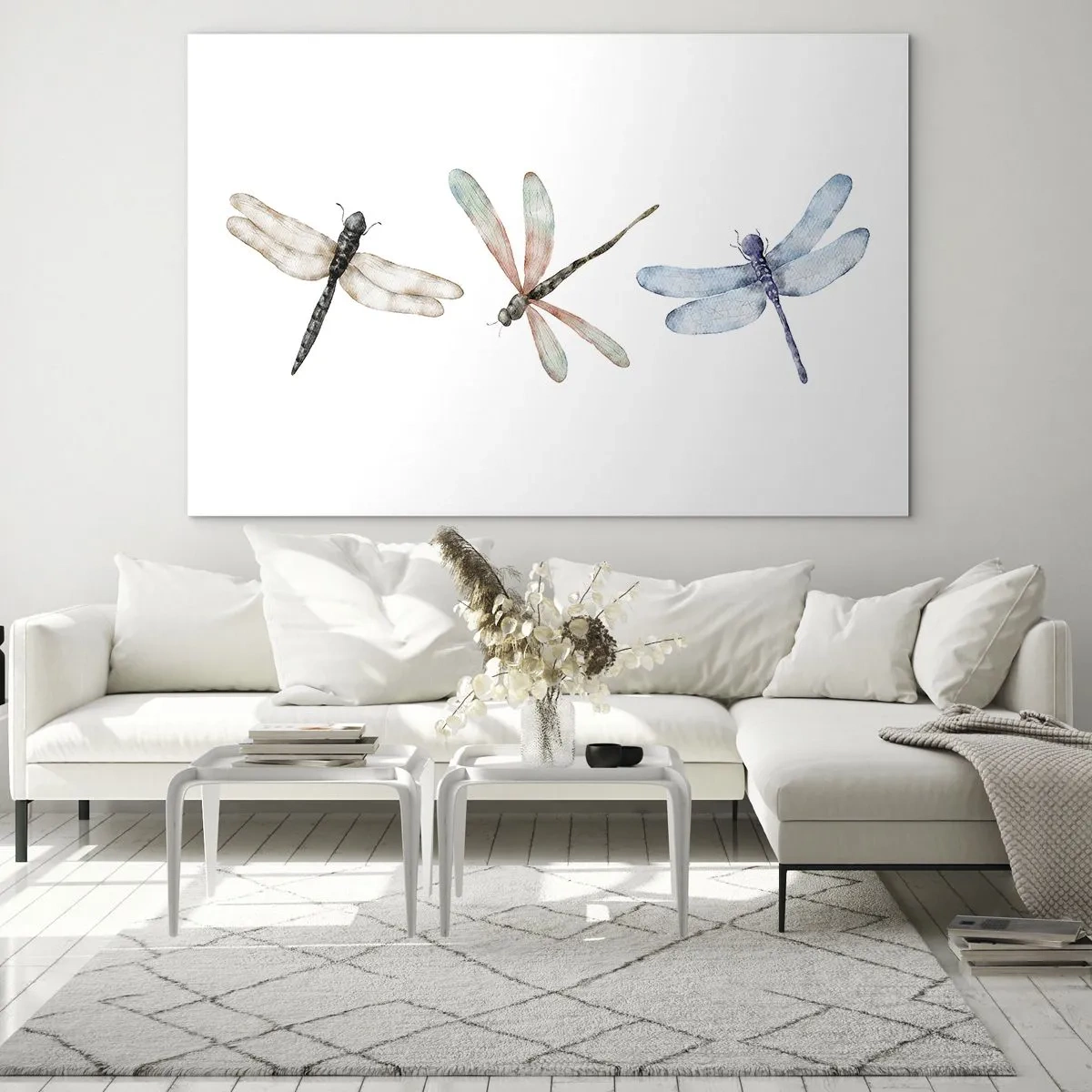 Schilderen op glas - Drie kleurrijke libellen op een witte achtergrond in een delicate aquarelstijl - 70x50cm - Gewichtloze libellen - Moderne wanddecoratie voor woonkamer en slaapkamer ARTTOR