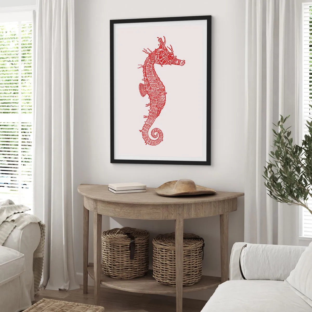 Poster in een zwarte lijst - Rode steampunk zeepaardje op een lichte achtergrond - 50x70cm - Een ingewikkeld wezen - Moderne wanddecoratie voor woonkamer en slaapkamer ARTTOR