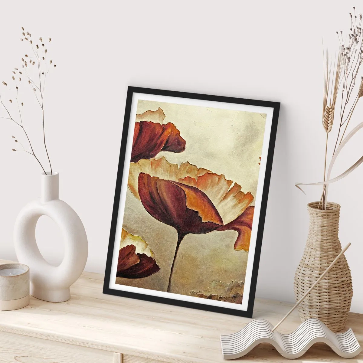 Poster in een zwarte lijst - Een foto van klaprozen in warme tinten - 50x70cm - Golvend weiland - Moderne wanddecoratie voor woonkamer en slaapkamer ARTTOR