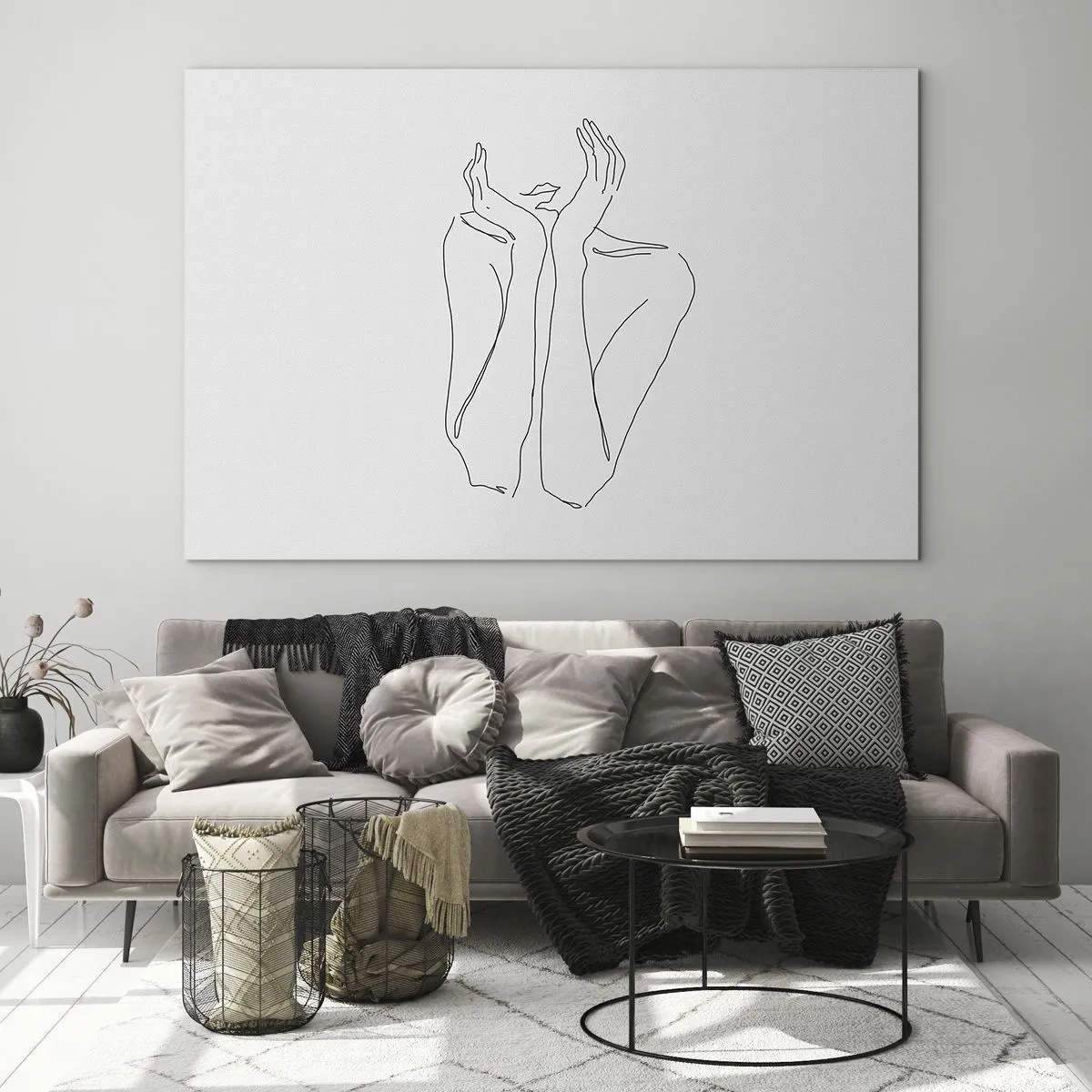 Schilderen op glas - Een minimalistische tekening van de handen en het gezicht van een vrouw - 70x50cm - Waar meisjes van dromen - Moderne wanddecoratie voor woonkamer en slaapkamer ARTTOR