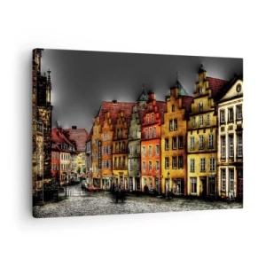 Schilderen op canvas - Kleurrijke huurkazernes aan een geplaveide straat in het historische stadje - 70x50cm - Het enige wat ontbreekt is een betoverde koets - Moderne wanddecoratie voor woonkamer en slaapkamer ARTTOR