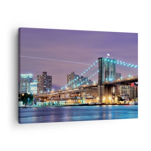 Schilderen op canvas - Brooklyn Bridge 's nachts met de verlichte stad op de achtergrond - 70x50cm - Al vele jaren de Brooklyn Bridge - Moderne wanddecoratie voor woonkamer en slaapkamer ARTTOR