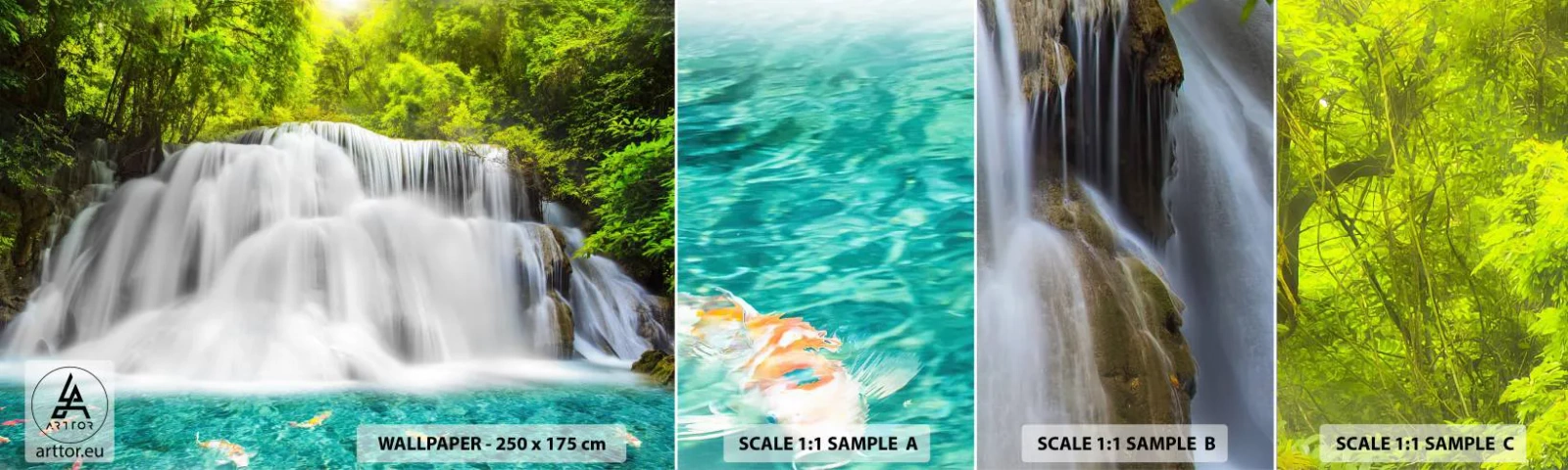 Fotobehang Staaltje Standard Eco - Een schuimige waterval van groen naar azuurblauw - Landschap, Waterval, Nationaal Park - 100x30 cm