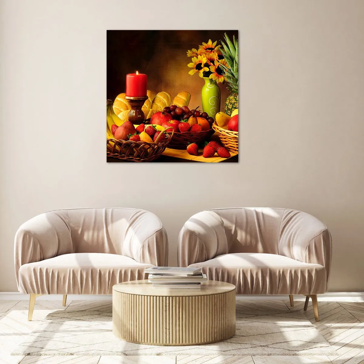 Schilderen op glas - Stilleven met brood en fruit - 60x60 cm