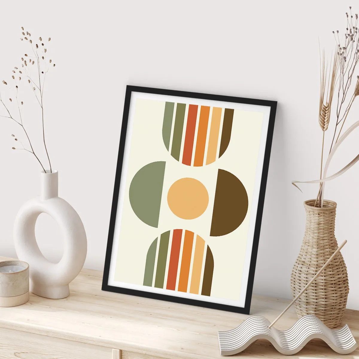 Poster in een zwarte lijst - Abstract geometrisch patroon in aardse tinten met cirkels en halve cirkels - 50x70cm - In aardetinten - Moderne wanddecoratie voor woonkamer en slaapkamer ARTTOR