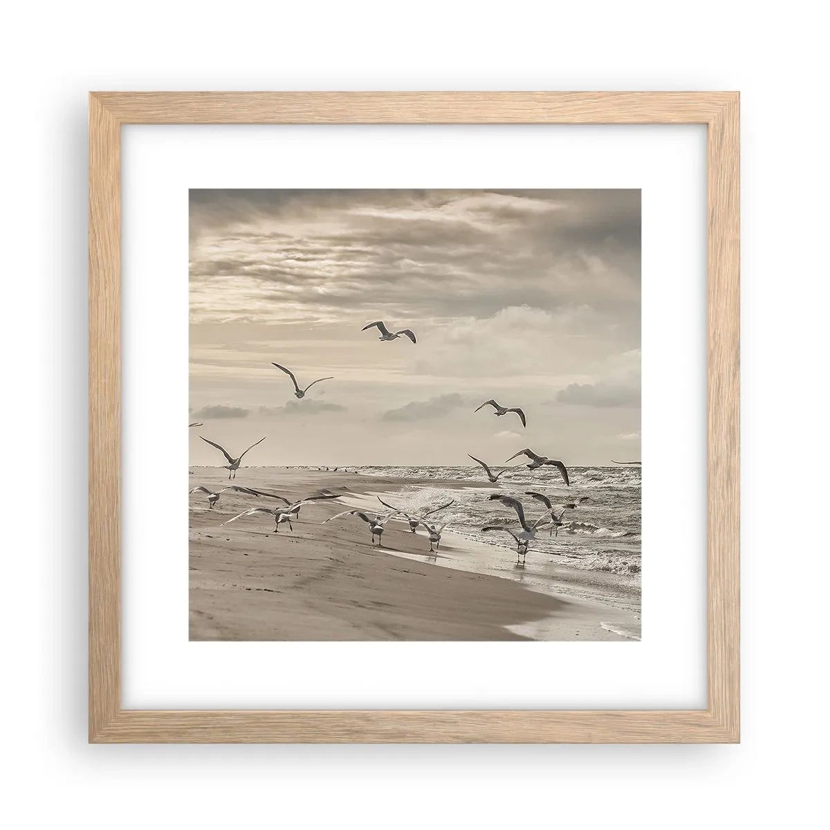 Een poster in een licht eiken lijst - Het geluid van de zee, het zingen van vogels - 30x30 cm