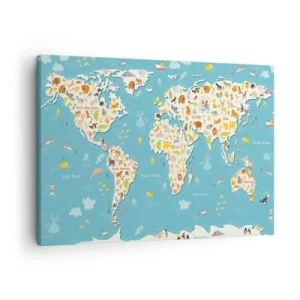 Schilderen op canvas - Kleurrijke wereldkaart met dierenillustraties - 70x50cm - We houden van de hele wereld - Moderne wanddecoratie voor woonkamer en slaapkamer ARTTOR