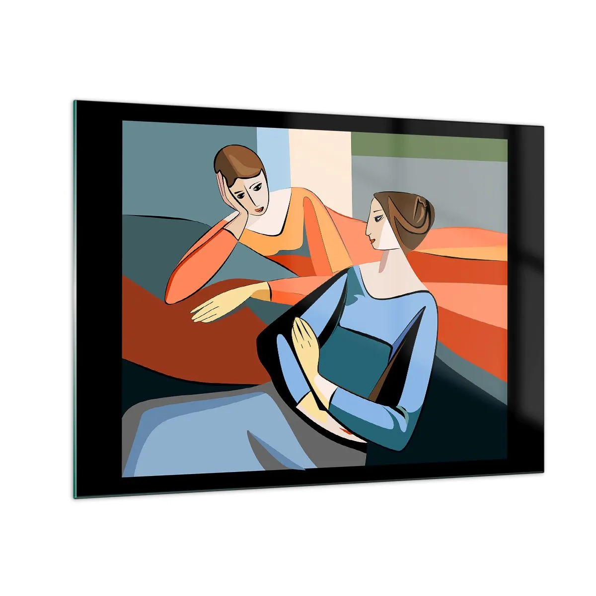 Schilderen op glas - Een geometrisch tafereel van een gesprek tussen twee vrouwen tegen de achtergrond van een interieur. - 70x50cm - Een moment van vertrouwen - Moderne wanddecoratie voor woonkamer en slaapkamer ARTTOR