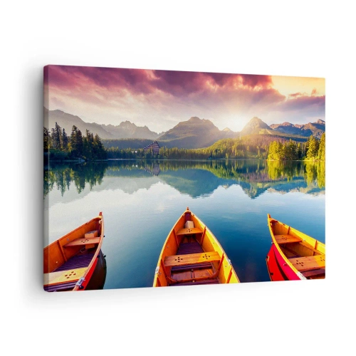 Schilderen op canvas - Drie houten boten tegen de achtergrond van een bergmeer bij zonsondergang - 70x50cm - Niets tegen de natuur - Moderne wanddecoratie voor woonkamer en slaapkamer ARTTOR