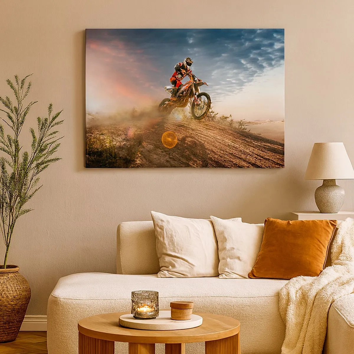 Schilderen op canvas - Motorrijder in de duinen bij zonsondergang - 70x50cm - Voor overwinning - Moderne wanddecoratie voor woonkamer en slaapkamer ARTTOR