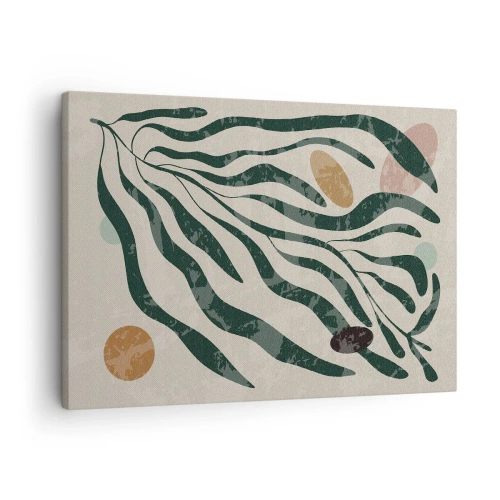 Schilderen op canvas - Organische lijnen en vormen in groen en beige - 70x50cm - Tussen het groen - Moderne wanddecoratie voor woonkamer en slaapkamer ARTTOR