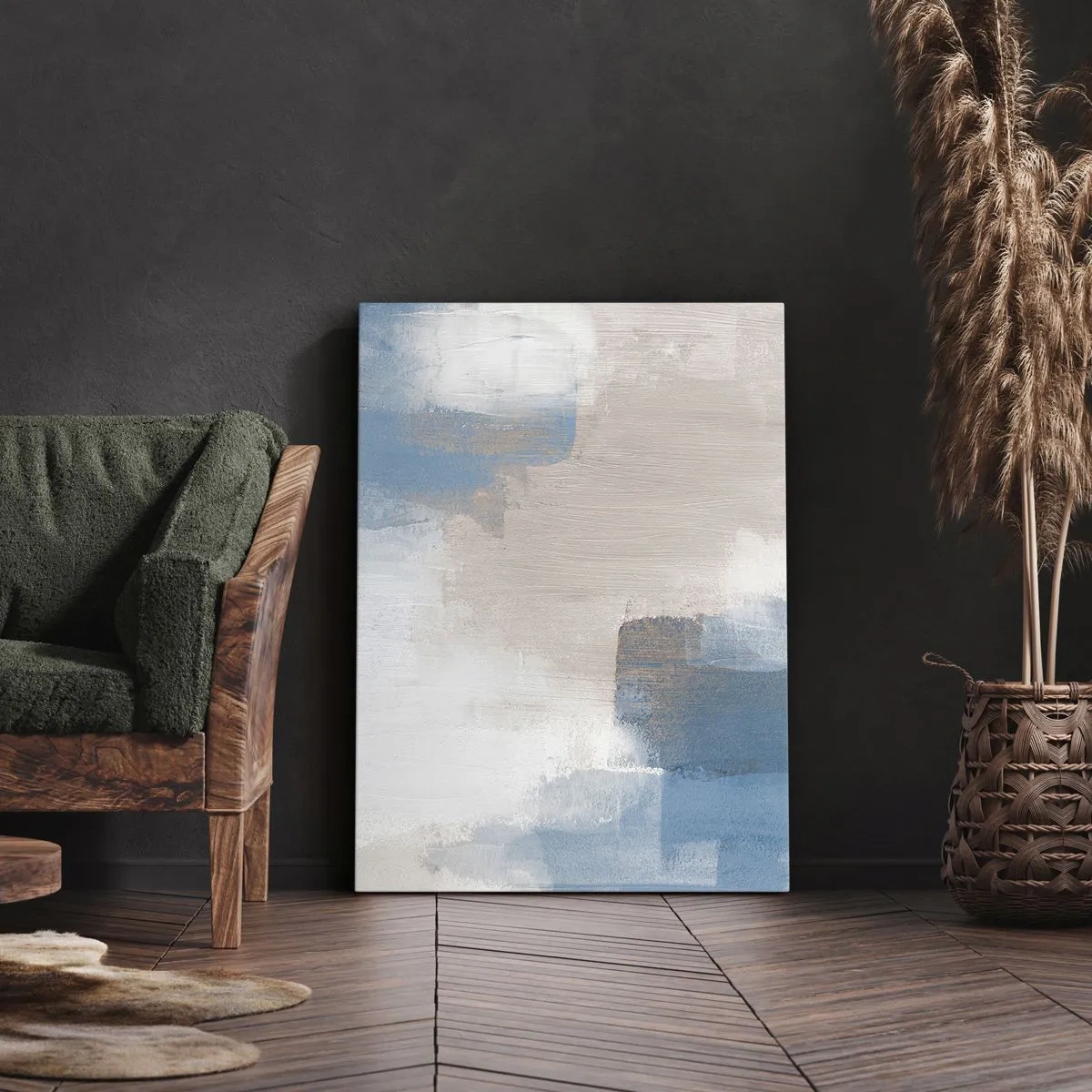 Schilderen op canvas - Roze abstractie achter een blauw gordijn - 65x120 cm