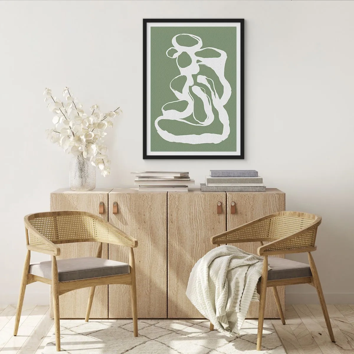 Poster in een zwarte lijst - Abstracte witte compositie op een groene achtergrond - 50x70cm - De roep van de ruimte - Moderne wanddecoratie voor woonkamer en slaapkamer ARTTOR