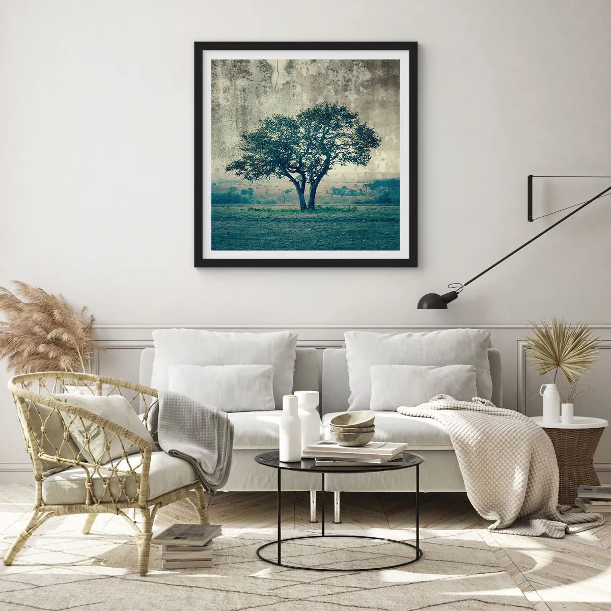 Poster in een zwarte lijst - Een appelboom op een blauw veld? - 40x40 cm