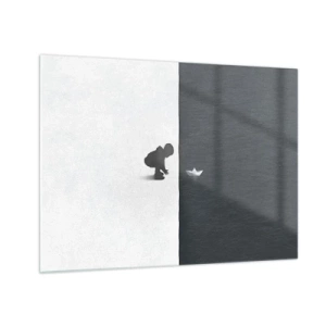 Schilderen op glas - Silhouet van een kind dat een papieren bootje in het water gooit - 70x50cm - Geweldige expeditie - Moderne wanddecoratie voor woonkamer en slaapkamer ARTTOR