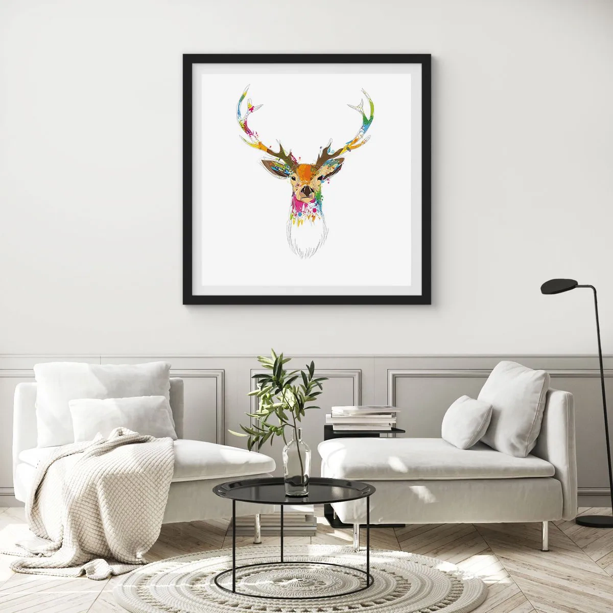 Poster in een zwarte lijst - Een zacht hert badend in kleur - 60x60 cm